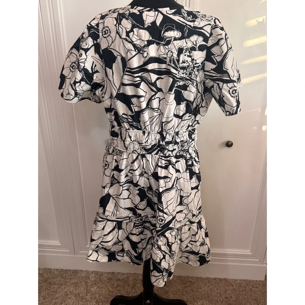 Anthropologie Somerset Dress Black White Floral Smocked Petite XL P Cotton Mini - Picture 6 of 8